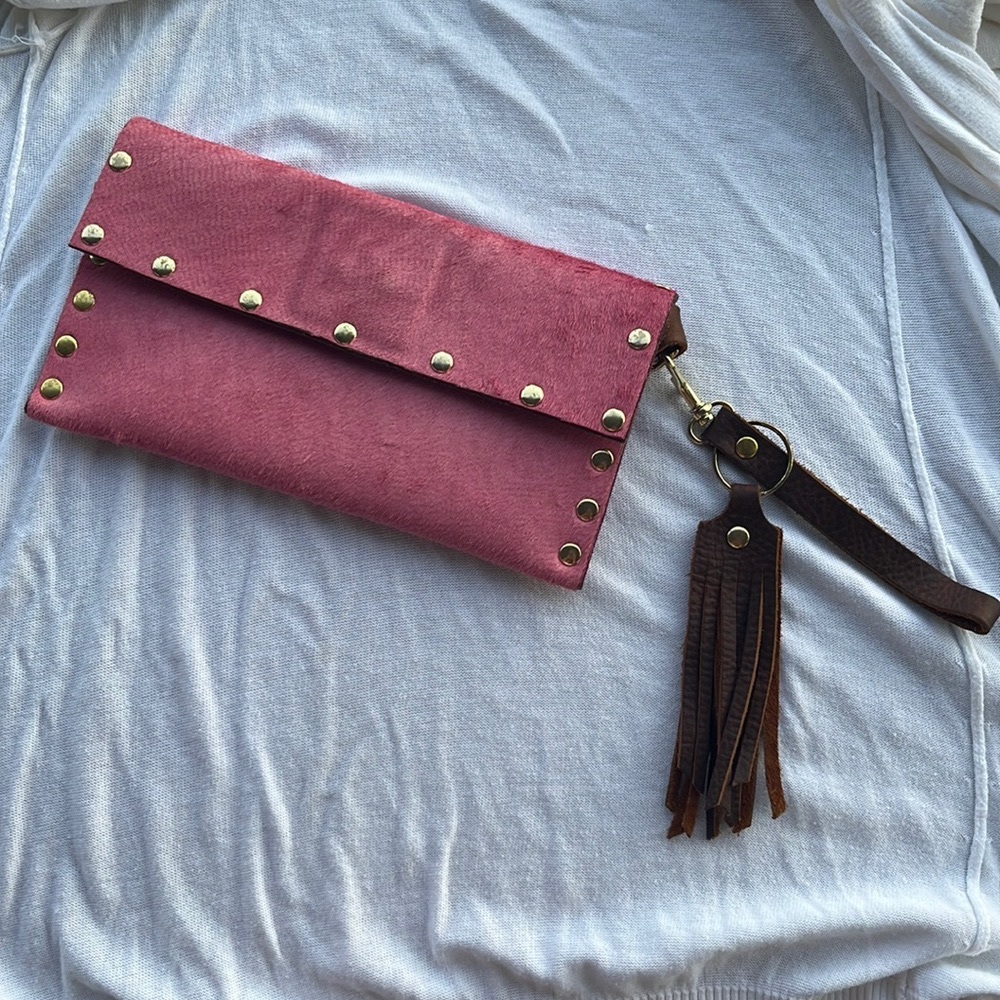 Faith by Kristy White ~ Hot pink with brown Leather clutch